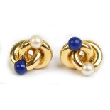 A pair of 18ct yellow gold lapis lazuli and pearl earrings, approx 6.8g.Additional