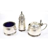 DOCKER & BURN LTD; a cased George V hallmarked silver three piece cruet set comprising mustard, salt