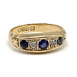 An 18ct yellow gold five stone diamond and sapphire ring, Chester hallmark, approx 3.9g.Additional