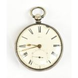 A hallmarked silver cased open face pocket watch with fusée movement, the enamelled dial set with
