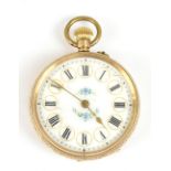 A 14ct yellow gold cased lady's fob watch, the dial set with Roman numerals and vacant cartouche