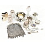 A mixed group of hallmarked silver and silver mounted items including a footed dish, a salt, a