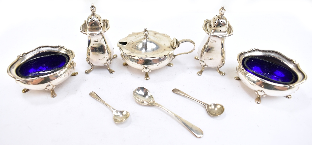 WALKER & HALL LTD; a cased George V hallmarked silver five piece cruet set comprising mustard and