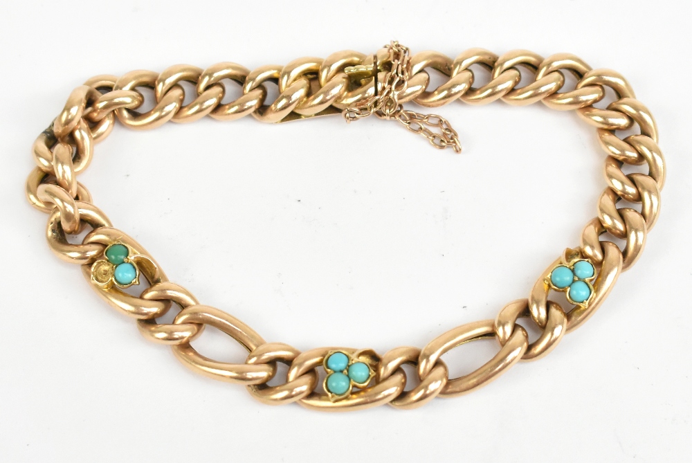 A late Victorian 15ct gold and turquoise set open ring bracelet, the frame set with three clusters