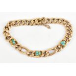 A late Victorian 15ct gold and turquoise set open ring bracelet, the frame set with three clusters