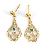 A pair of 9ct yellow gold emerald and diamond drop earrings, each with butterfly back, length of