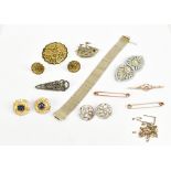 Three 9ct yellow gold bar brooches, approx 7.2g, a pair of silver buttons, a marquetry ship brooch