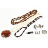 A small group of jewellery including a pearl necklace with a 9ct yellow gold clasp, other beaded