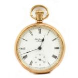 BENSON OF LONDON; a 9ct yellow gold crown wind open face pocket watch, the white enamel dial set
