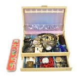 A collection of costume jewellery with silver including a charm bracelet with eight charms,