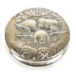 WILLIAM COMYNS; a late Victorian circular trinket box and cover, the lift-off lid embossed with