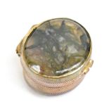 A 19th century agate and base metal vinaigrette of oval form, the hinged cover enclosing a pierced