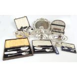 A quantity of silver plated items including a three piece tea service, stepped preserve stand, cased