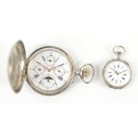 A Swiss gentleman's white metal crown wind full hunter pocket watch, the outer cover with engine