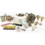 A small collection of assorted silver plated items, including a bullet teapot, height 12cm, assorted