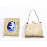 A 925 silver vinaigrette of rectangular form, with applied oval blue and white ceramic panel of a
