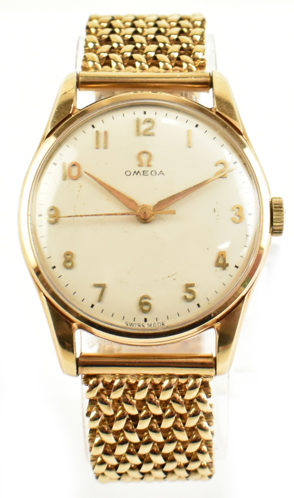 OMEGA; a gentleman's 9ct gold wristwatch, the circular dial with Arabic numerals, on 9ct gold mesh