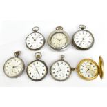 Six silver and one gold plated pocket watch, in various states of disrepair.Additional