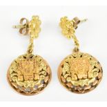 A pair of yellow metal drop earrings, with pierced and cast detail, approx 12.2g.Additional