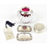 JOHN BULL LTD; a hallmarked silver mounted match striker with internal cranberry glass section,