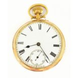 A yellow metal open face crown wind pocket watch, the white enamel dial set with Roman numerals