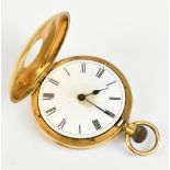 An 18ct yellow gold crown wind lady's half hunter pocket watch, the white enamel dial set with Roman