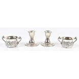 WILLIAM DEVENPORT; a pair of Edwardian hallmarked silver miniature twin handled cups with embossed