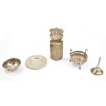 A group of early white metal miniatures comprising brazier, 3 x 4cm, Cromwellian-style plate,