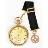 WALTHAM; a gold plated open face pocket watch, the enamelled dial set with Roman and Arabic