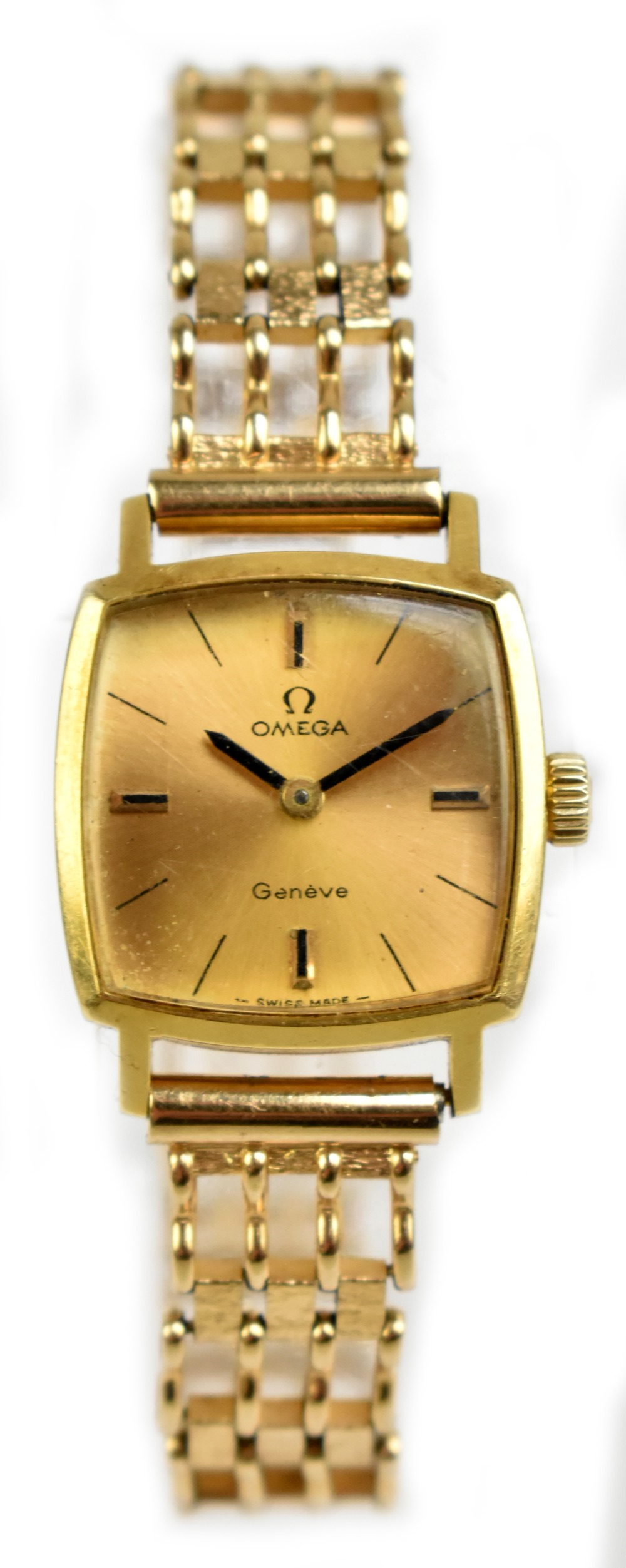 OMEGA; a vintage 18ct and 9ct yellow gold lady's wristwatch with simple dial and seventeen jewel