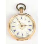 A 14ct yellow gold lady's fob watch, the white enamel dial set with blue enamel Roman numerals and