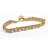 A 9ct yellow gold turquoise and opal set gate link bracelet with padlock clasp, the main panel set