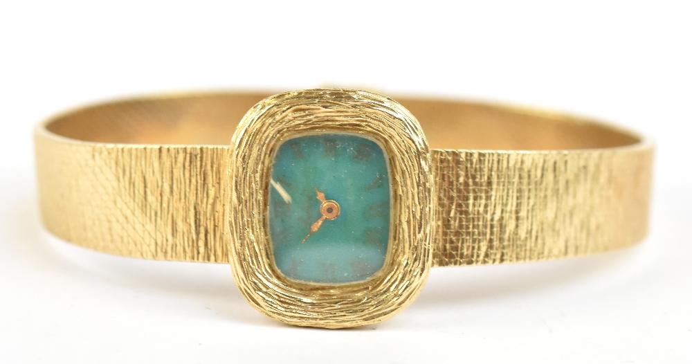 BULOVA; a lady's vintage 14ct yellow gold wristwatch, the turquoise coloured dial set with Roman