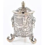 LUEN WO OF SHANGHAI; a Chinese silver cylindrical lidded salt with hinged domed cover and twin