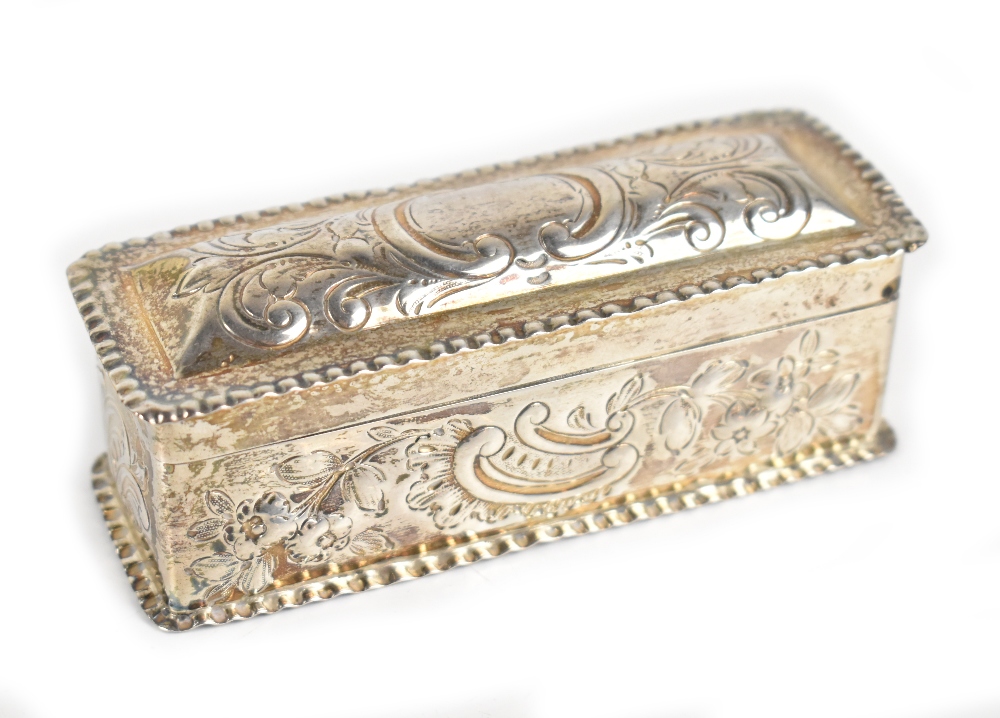 JANE BROWNETT; a late Victorian hallmarked silver trinket box of rectangular form with embossed