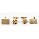 A pair of 9ct yellow gold cuff links with ball surmounts, with chased detail, and a further pair