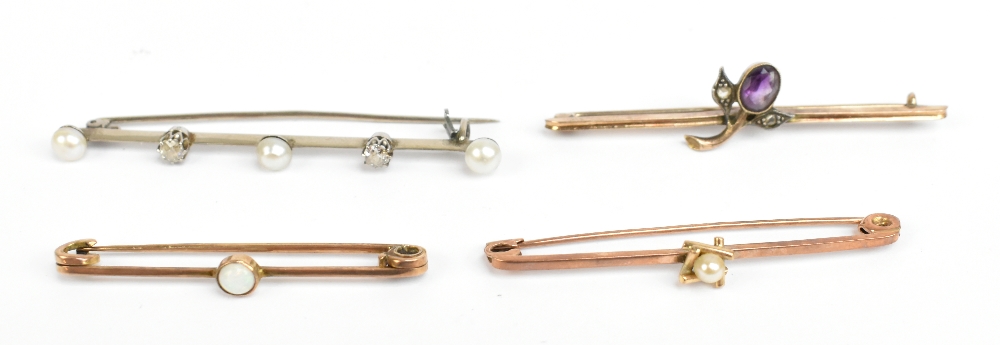 A white metal diamond and cultured pearl bar brooch, length 6cm, a yellow metal and opal bar