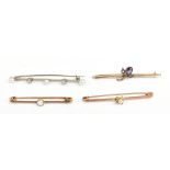 A white metal diamond and cultured pearl bar brooch, length 6cm, a yellow metal and opal bar