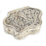 A late 19th century French hallmarked silver shaped trinket box embossed with the profile portrait