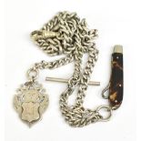 A silver Albert watch chain with shield shaped fob engraved with initials 'PF', T bar and tortoise