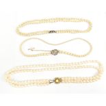 A strand of simulated pearls, held with a 9ct gold and diamond clasp, a set of cultured pearls and a