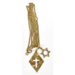 A 9ct yellow gold fine link chain suspending a Star of David pendant and a pierced lozenge shaped