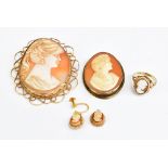 A small group of cameo jewellery including a 9ct yellow gold ring, enlarged 9ct yellow gold framed