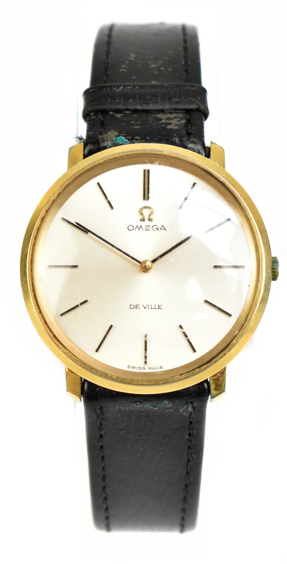 OMEGA; a gentleman's gold plated De Ville wristwatch with black leather strap and Omega buckle,