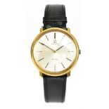OMEGA; a gentleman's gold plated De Ville wristwatch with black leather strap and Omega buckle,