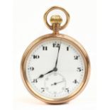 A 9ct yellow gold crown wind open face pocket watch, the white enamel dial set with Arabic