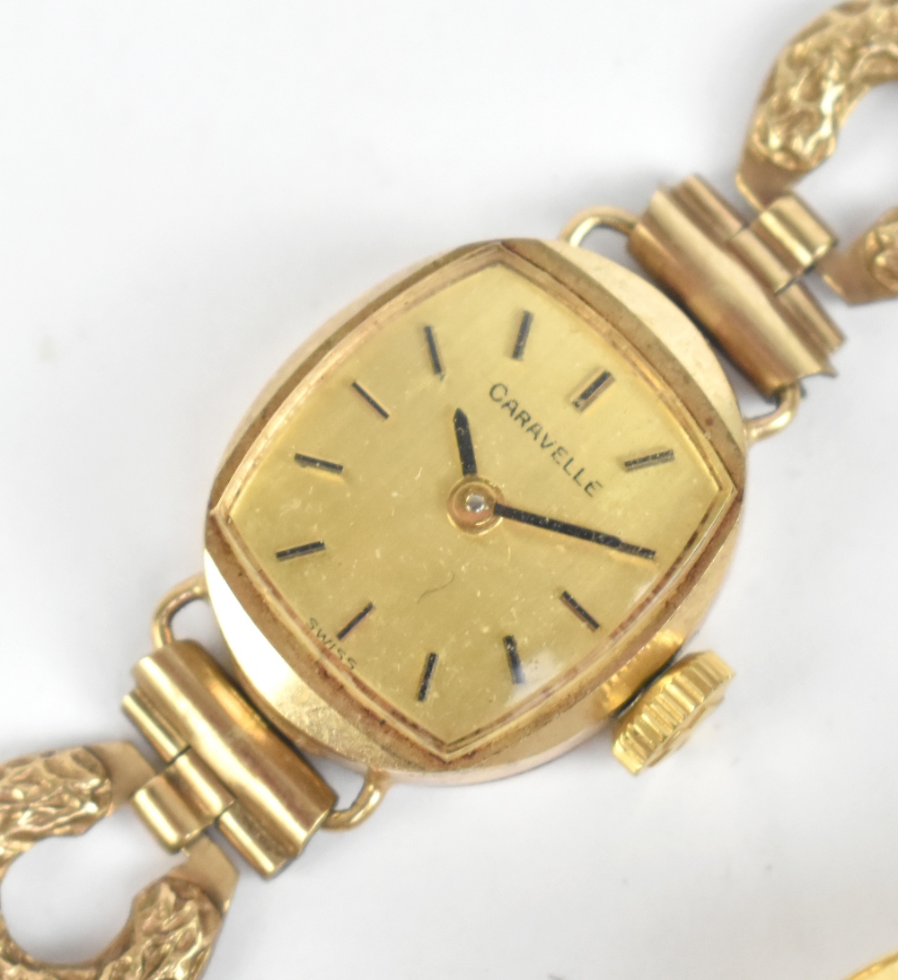 CARAVELLE; a lady's vintage 9ct yellow gold wristwatch with horse shoe shaped pierced bracelet, - Image 2 of 3