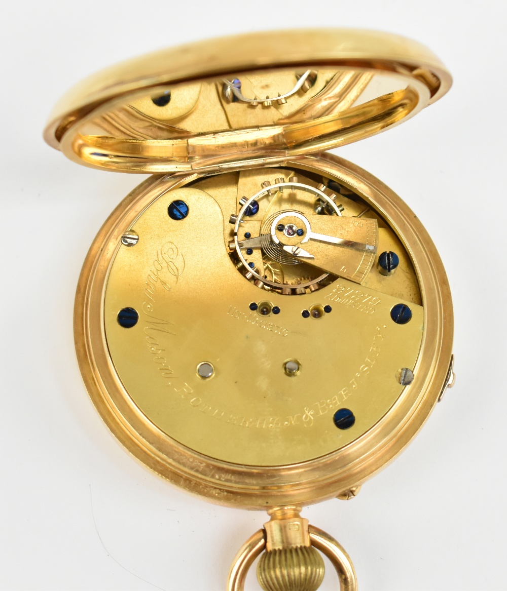 An 18ct yellow gold crown wind open faced pocket watch, the white enamel dial set with Roman - Bild 5 aus 5