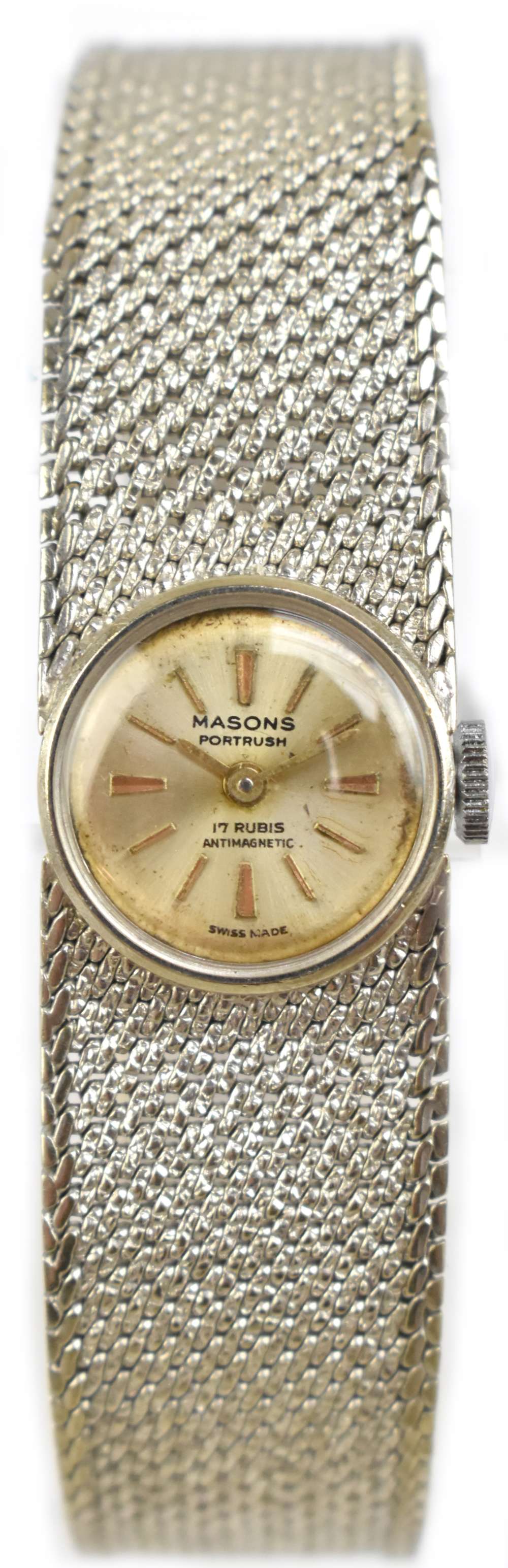 MASONS OF PORTRUSH; a lady's vintage 9ct white gold wristwatch with circular bracelet, length approx