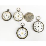 A group of four Continental white metal fob watches with white enamel dials set with Roman numerals,